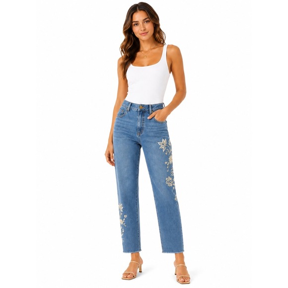 Democracy Denim - Democracy Ab Solution Embroidered Raw Hem Straight Leg Jeans Blue Womens 10